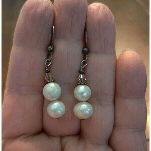 Vtg Double Genuine Pearl Dangle Earrings 1.5” Unmarked Silver 3g Classic